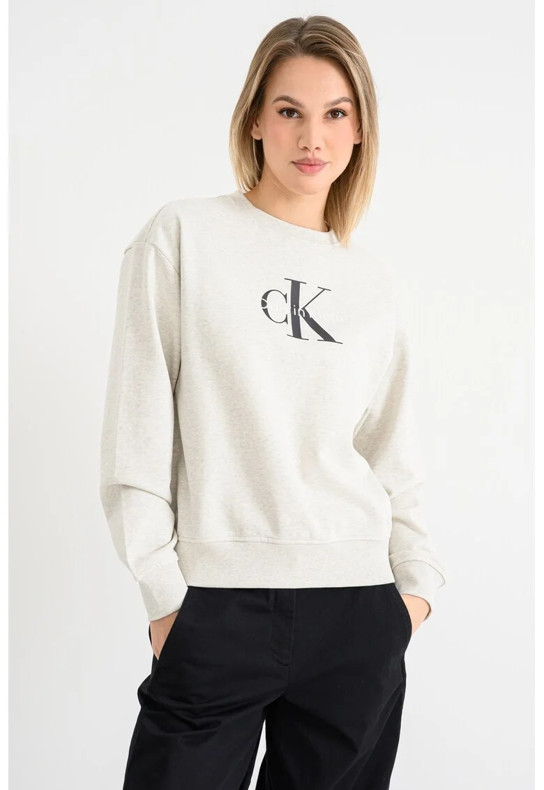 Bluza de trening cu maneci cazute si imprimeu logo, Negru/Gri melange