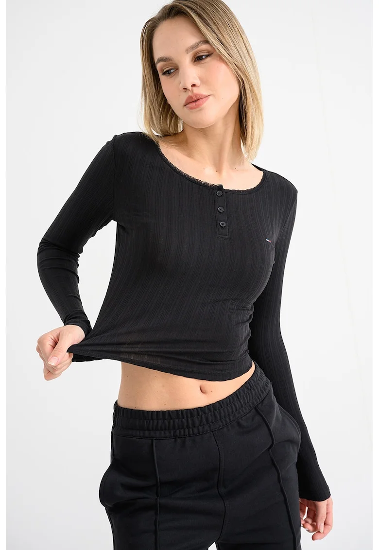 Bluza crop cu decolteu rotund, Negru