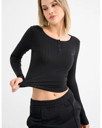 Bluza crop cu decolteu rotund, Negru