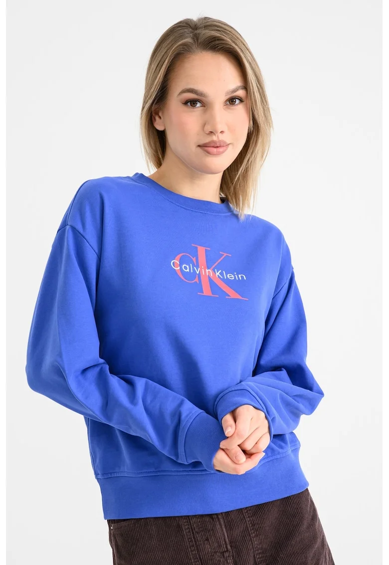 Bluza de trening cu maneci cazute si imprimeu logo, Albastru indigo/Rosu vermillion