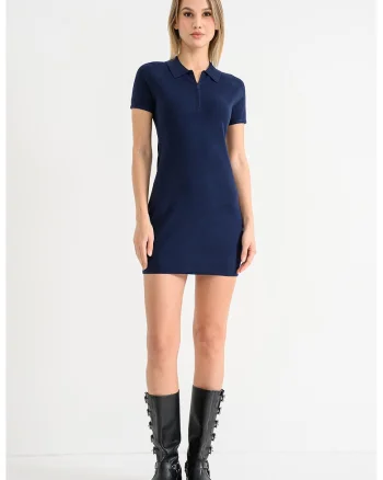 Rochie mini cu guler polo si fenta cu fermoar, Bleumarin