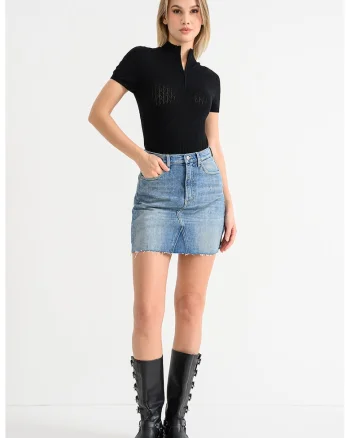 Fusta mini de denim cu talie inalta, Albastru prafuit