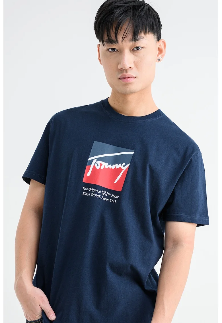 Tricou cu logo si decolteu la baza gatului, Rosu/Alb optic/Bleumarin