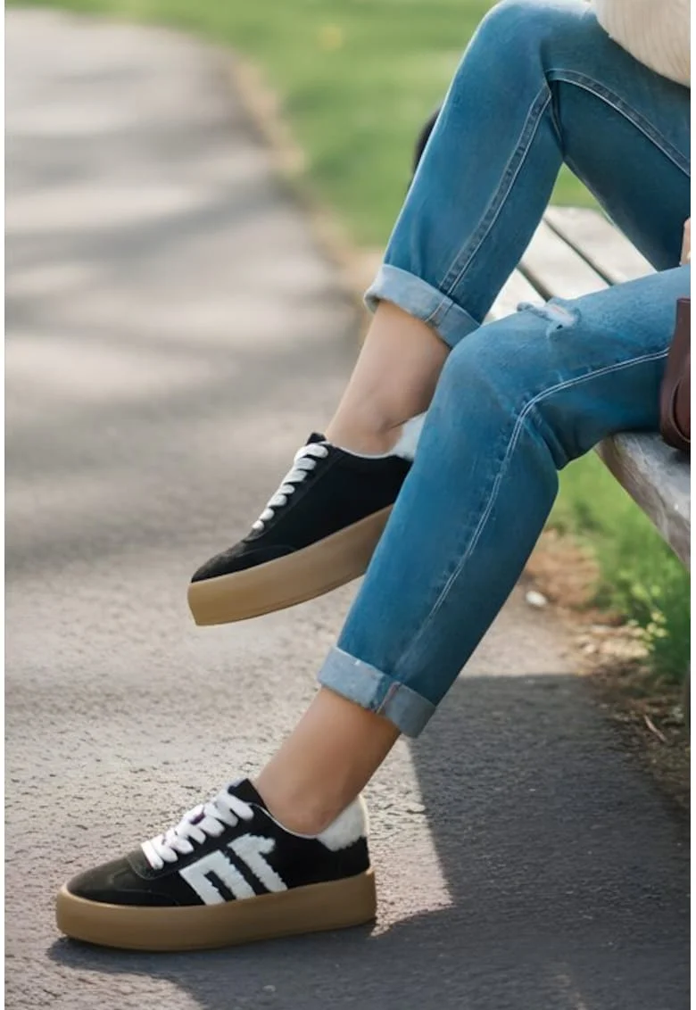 Pantofi dama  din piele intoarsa neagra accesorizati cu blanita