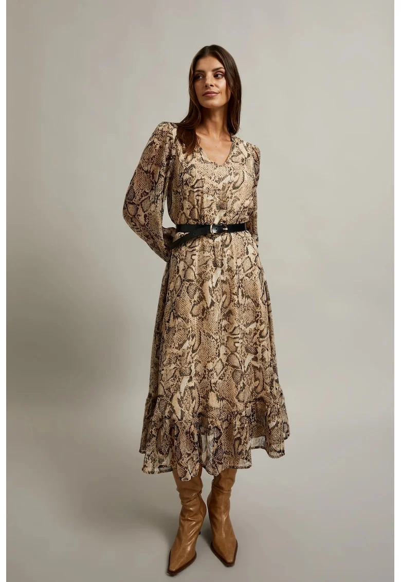 Rochie cu maneci bufante si imprimeu animalier bej, Gri