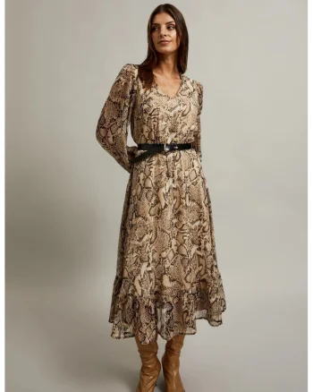 Rochie cu maneci bufante si imprimeu animalier bej, Gri
