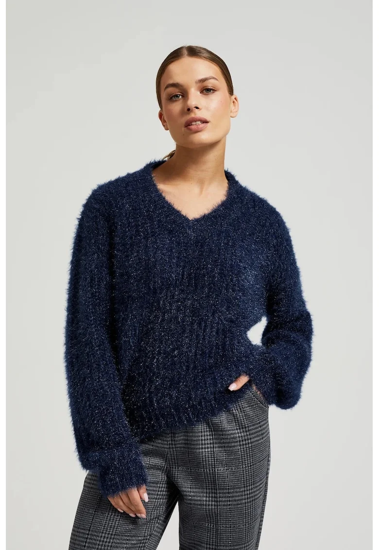 Pulover pufos cu fir metalic bleu inchis, Bleumarin