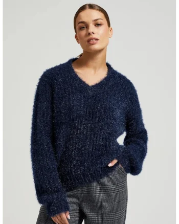 Pulover pufos cu fir metalic bleu inchis, Bleumarin