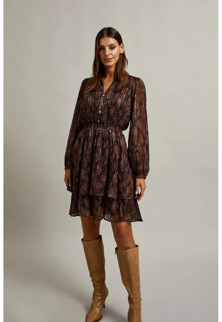 Rochie neagra cu imprimeu animalier si fusta evazata, Negru