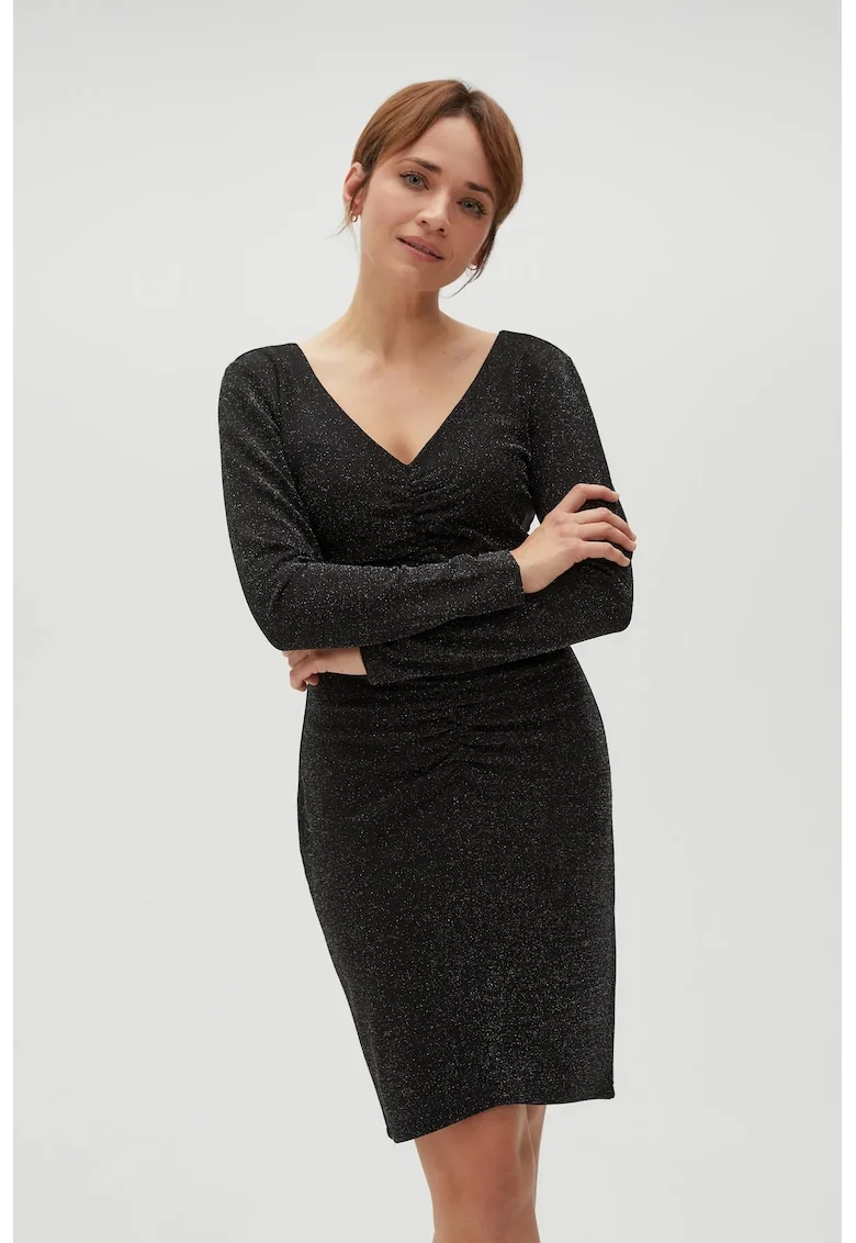 Rochie Ajustata Decorata cu Fir Metalic Negru, Negru