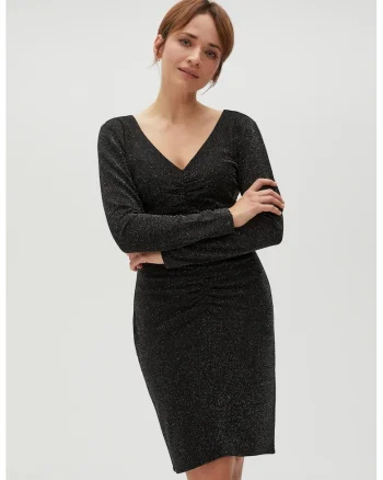 Rochie Ajustata Decorata cu Fir Metalic Negru, Negru