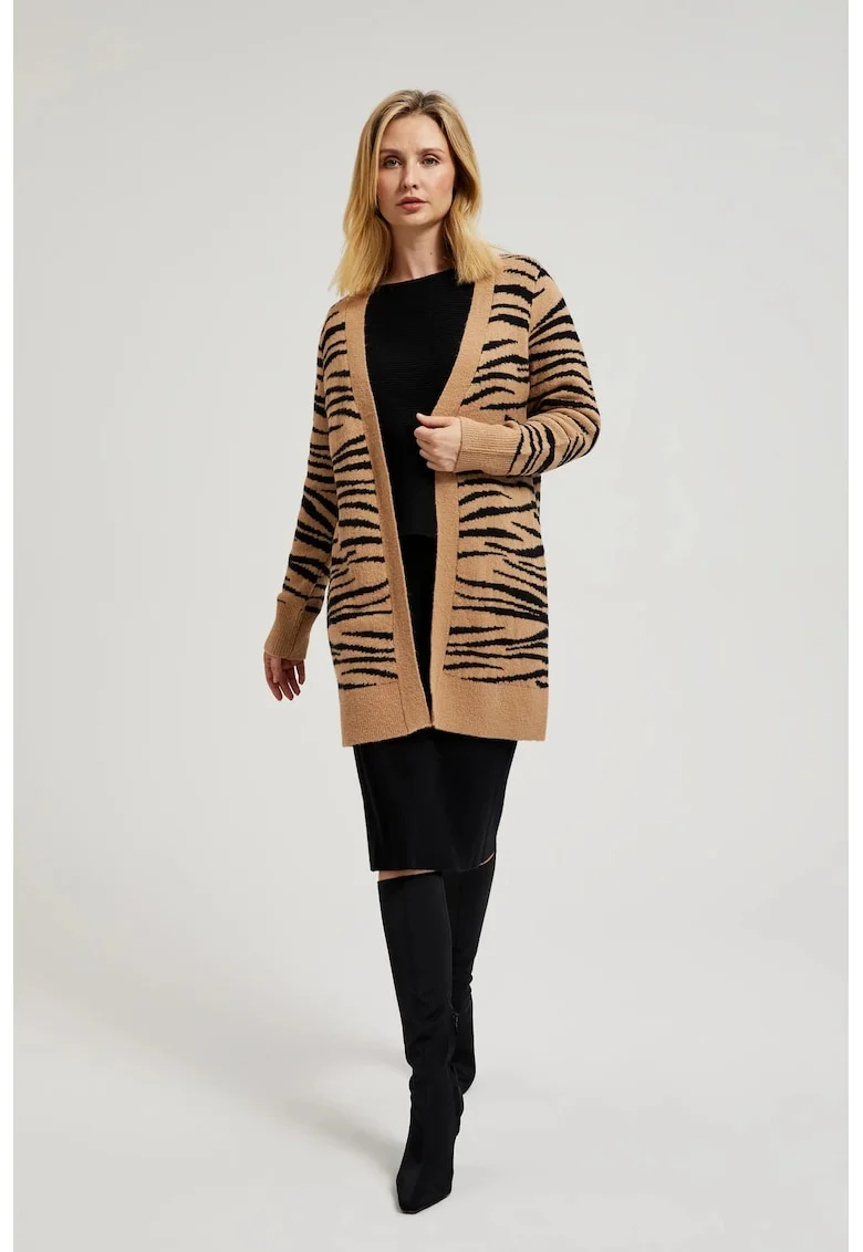 Cardigan bej cu maneci lungi si model animal print, Bej