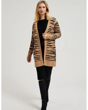 Cardigan bej cu maneci lungi si model animal print, Bej