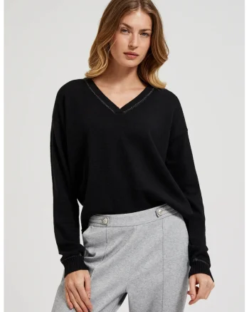 Pulover negru cu decolteu in V si maneci lungi, Negru