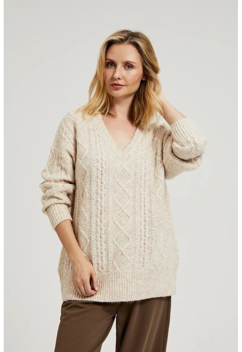 Pulover bej cu decolte in V din tricot, Bej