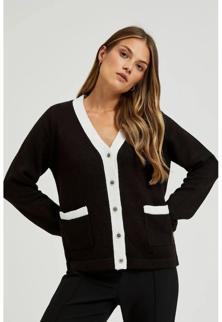 Cardigan negru cu butoane decorative si maneci lungi, Negru