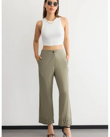 Pantaloni dama,  drepti, talie inalta, detalii boho, poliester, Piatra Naturala