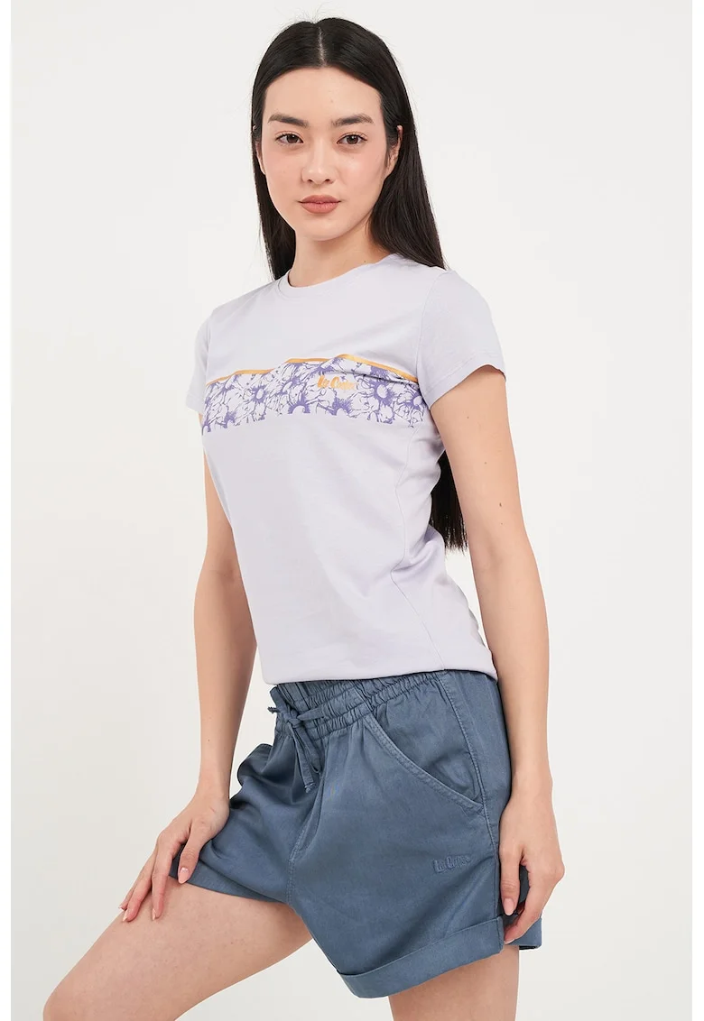 Tricou cu decolteu la baza gatului si imprimeu floral, Albastru lavanda