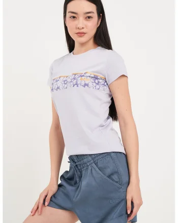 Tricou cu decolteu la baza gatului si imprimeu floral, Albastru lavanda