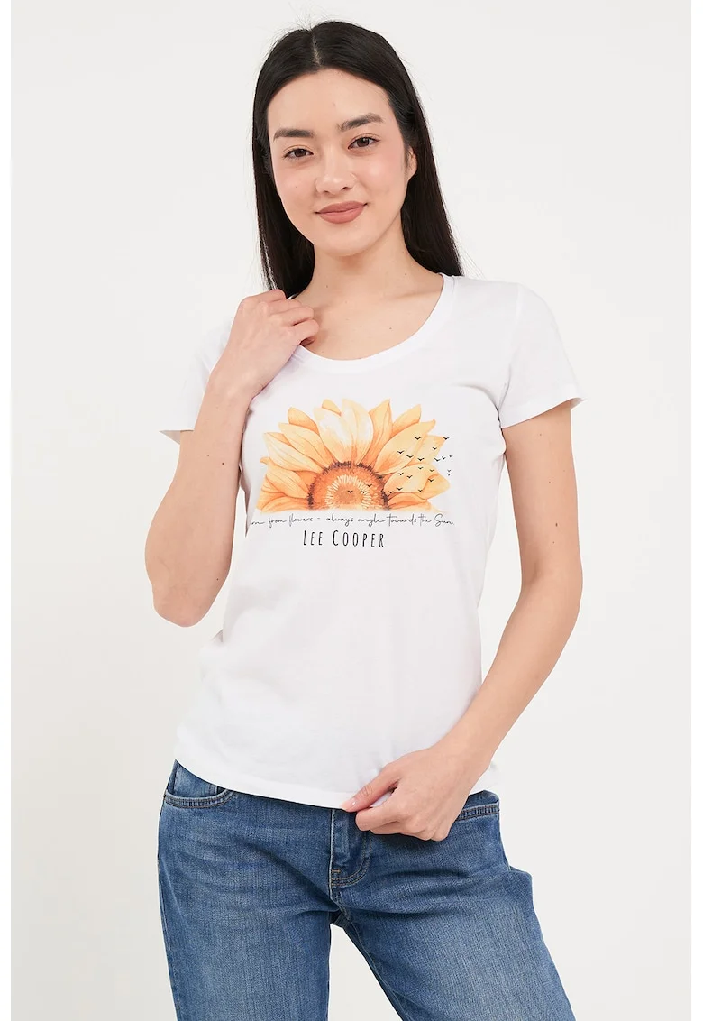 Tricou cu decolteu rotund si imprimeu, Alb/Portocaliu