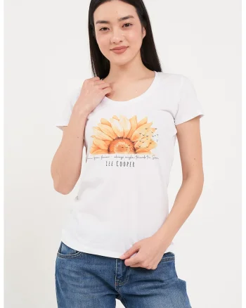 Tricou cu decolteu rotund si imprimeu, Alb/Portocaliu