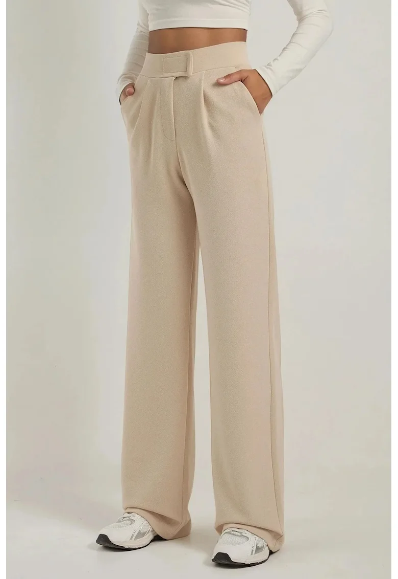 Pantaloni dama,  Palazzo, talie inalta, textil, bej, Bej Natural