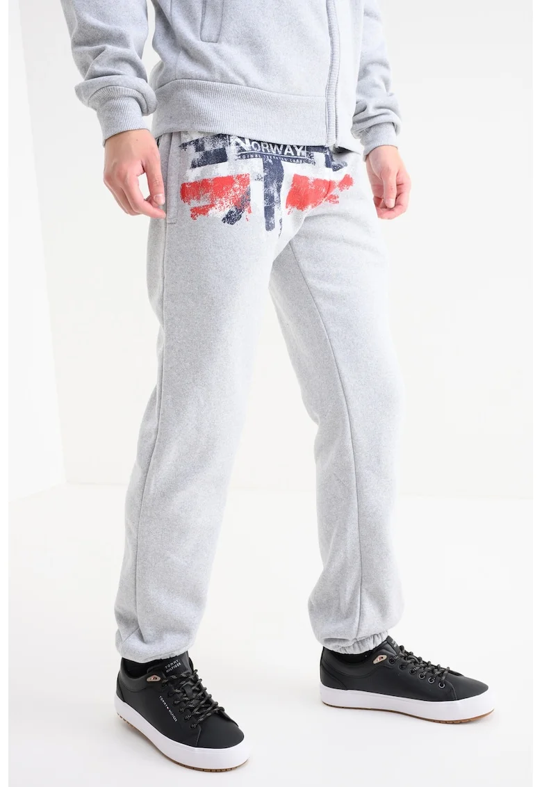 Pantaloni de trening cu logo Mapote, Gri melange/Rosu vermillion