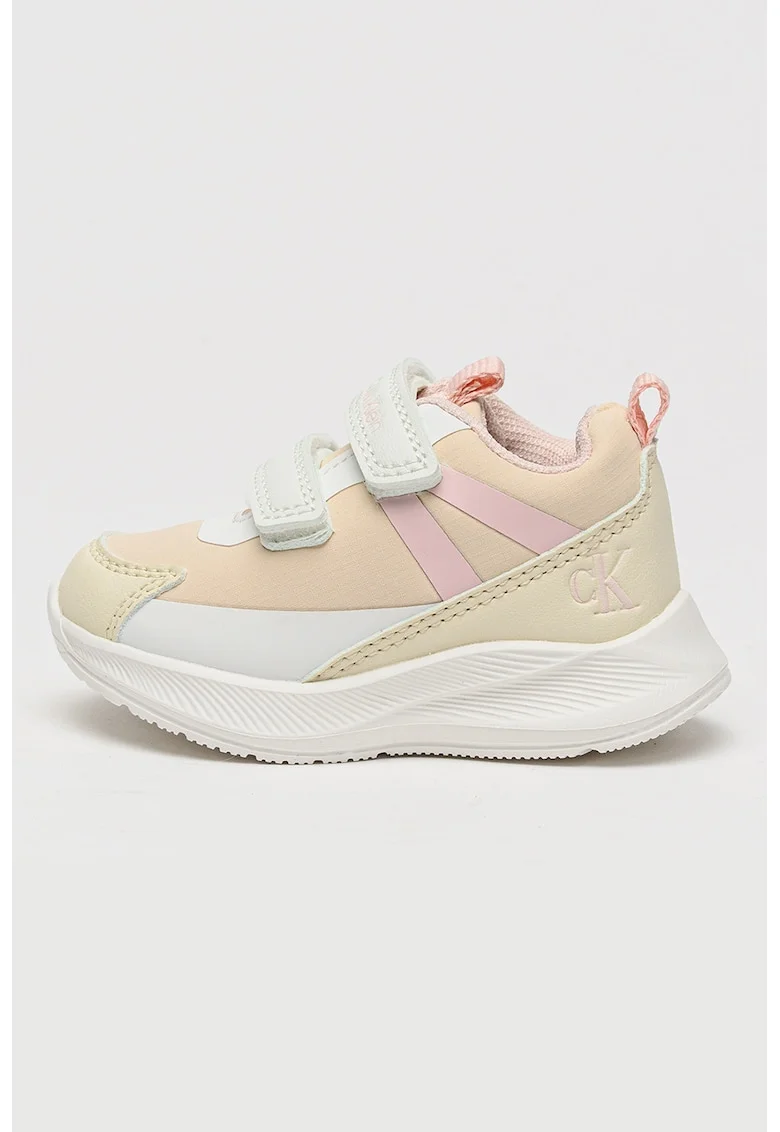 Pantofi sport de piele ecologica si material textil cu velcro, Roz pastel/Bej deschis