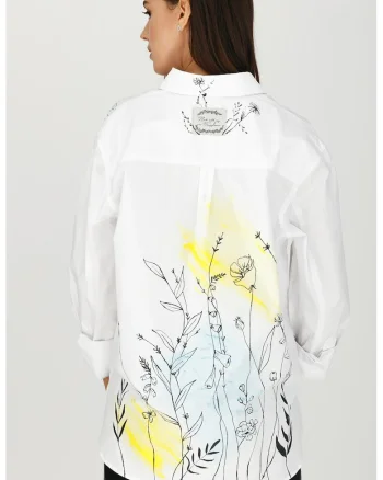Camasa lejera cu model floral, Alb/Negru/Galben