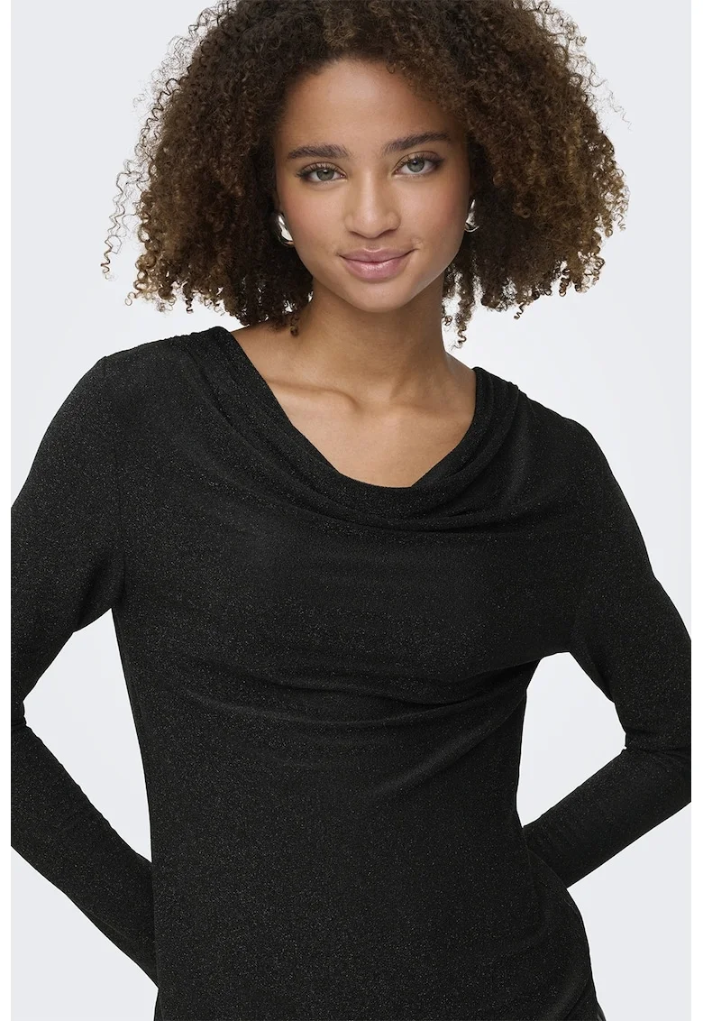 Bluza slim fit cu decolteu drapat, Negru