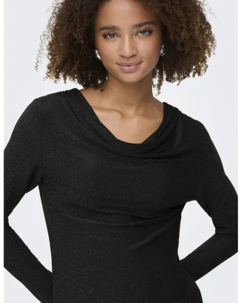 Bluza slim fit cu decolteu drapat, Negru