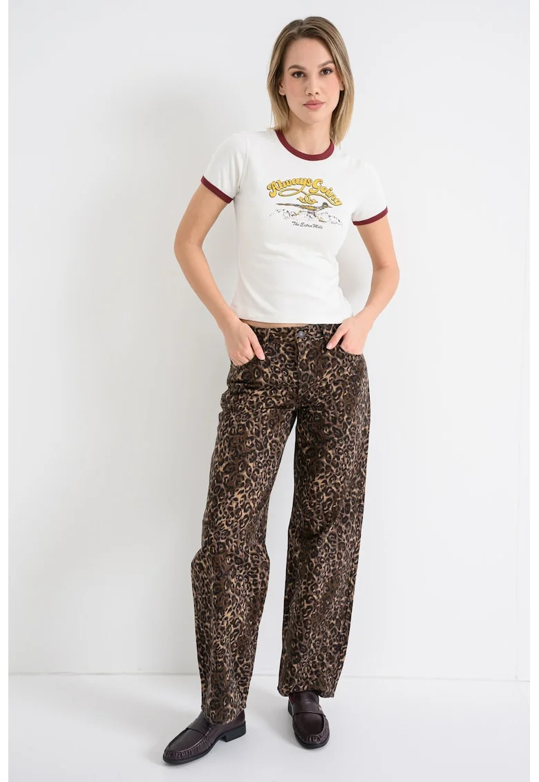 Tricou crop cu imprimeu grafic, Alb murdar