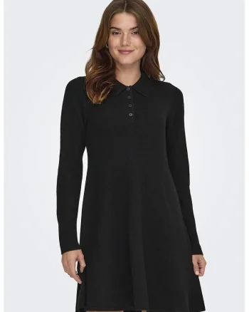 Rochie mini cu croiala in A si guler polo, Negru