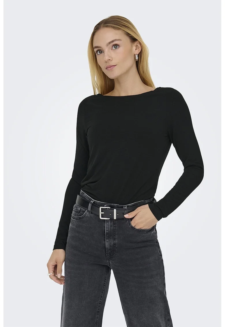 Bluza slim fit cu decolteu barcuta, Negru