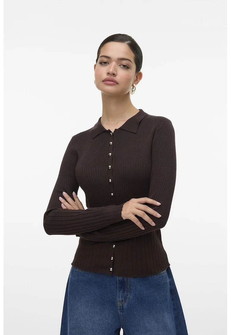 Cardigan cu maneci lungi si nasturi, Maro inchis