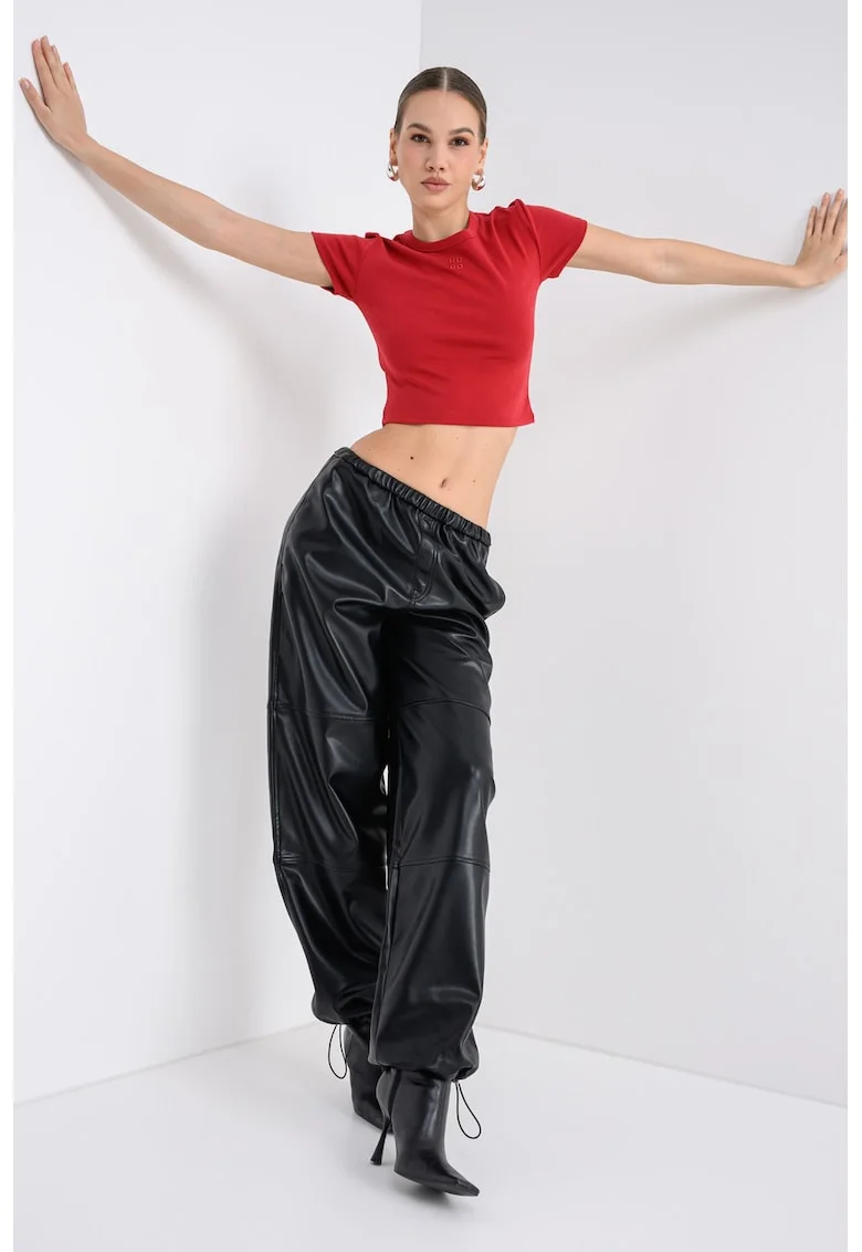 Pantaloni de piele ecologica cu croiala lejera Huteni, Negru