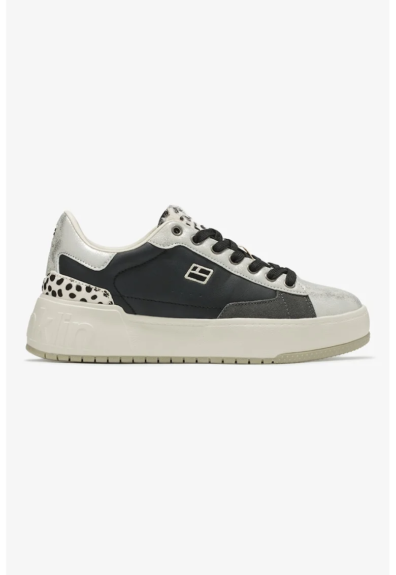 Pantofi sport cu talpa flatform si model, Negru/Argintiu