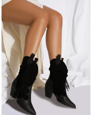 Botine cowboy din piele intoarsa, decorate cu franjuri Nora