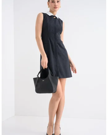 Rochie mini cu dungi discrete si guler de blana sintetica Kaledoni, Alb murdar/Bleumarin