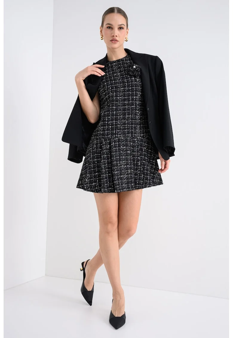 Rochie mini din amestec de lana cu aplicatie floare, Negru/Alb murdar