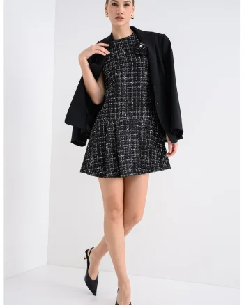 Rochie mini din amestec de lana cu aplicatie floare, Negru/Alb murdar