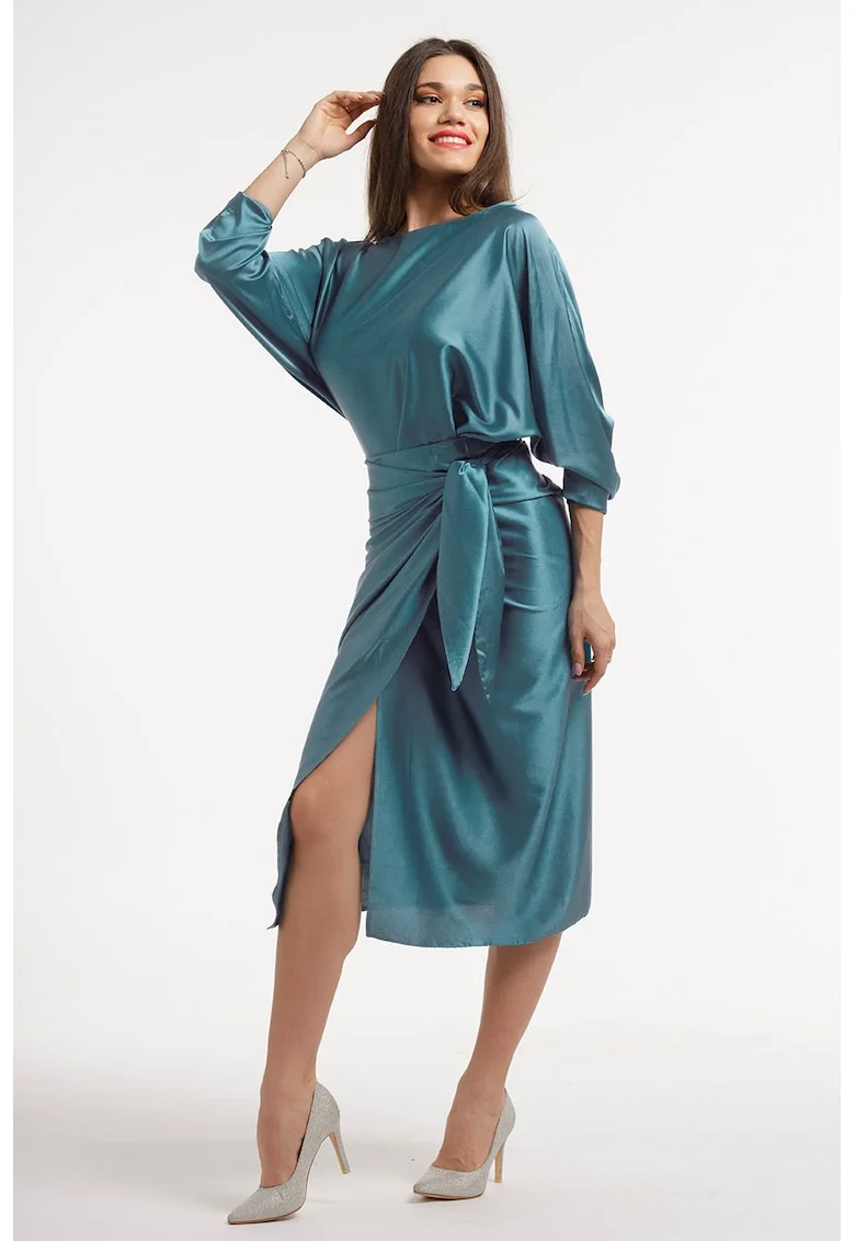 Rochie petrecuta cu slit pe partea din fata, Verde aquamarin