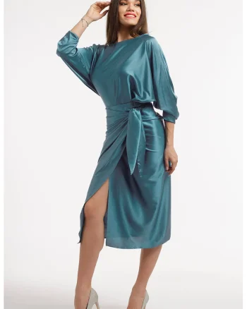 Rochie petrecuta cu slit pe partea din fata, Verde aquamarin