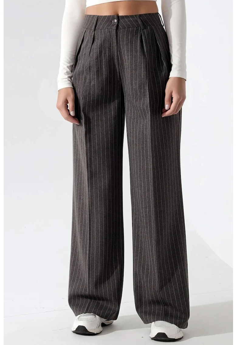 Pantaloni dama,  Palazzo, cu dungi, gri, Gri carbune