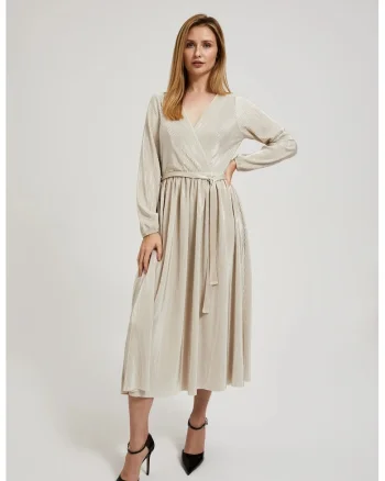 Rochie plisata cu legare in talie bej, Bej