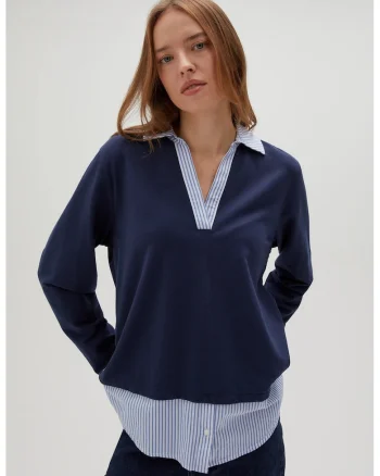 Bluza albastra inchis cu guler, Bleumarin