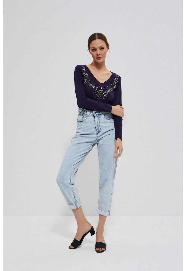Bluza din bumbac cu strasuri, Bleumarin