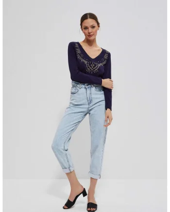 Bluza din bumbac cu strasuri, Bleumarin