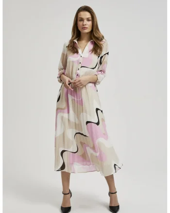 Rochie bej cu model geometric si tiv pliat, Bej
