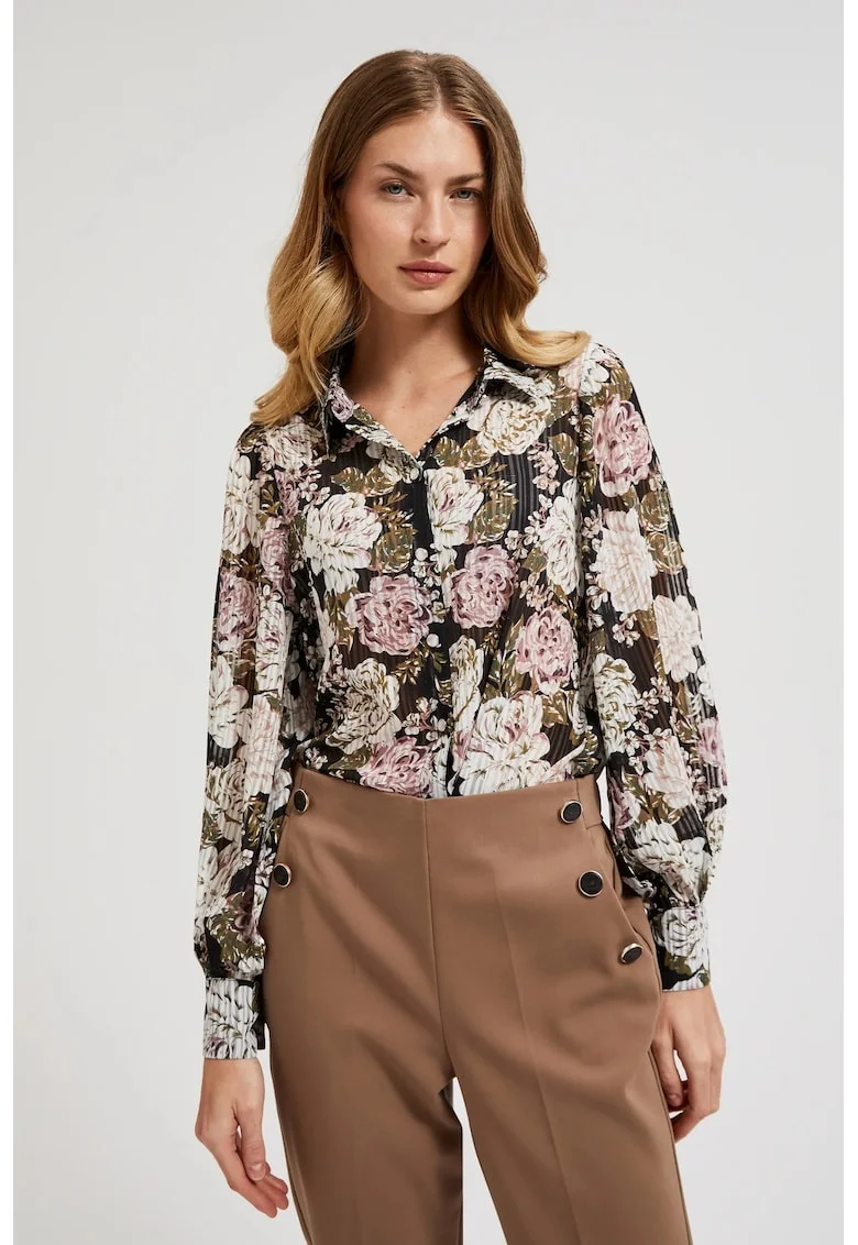 Camasa plisata cu model floral si maneci bufante, neagra, Negru